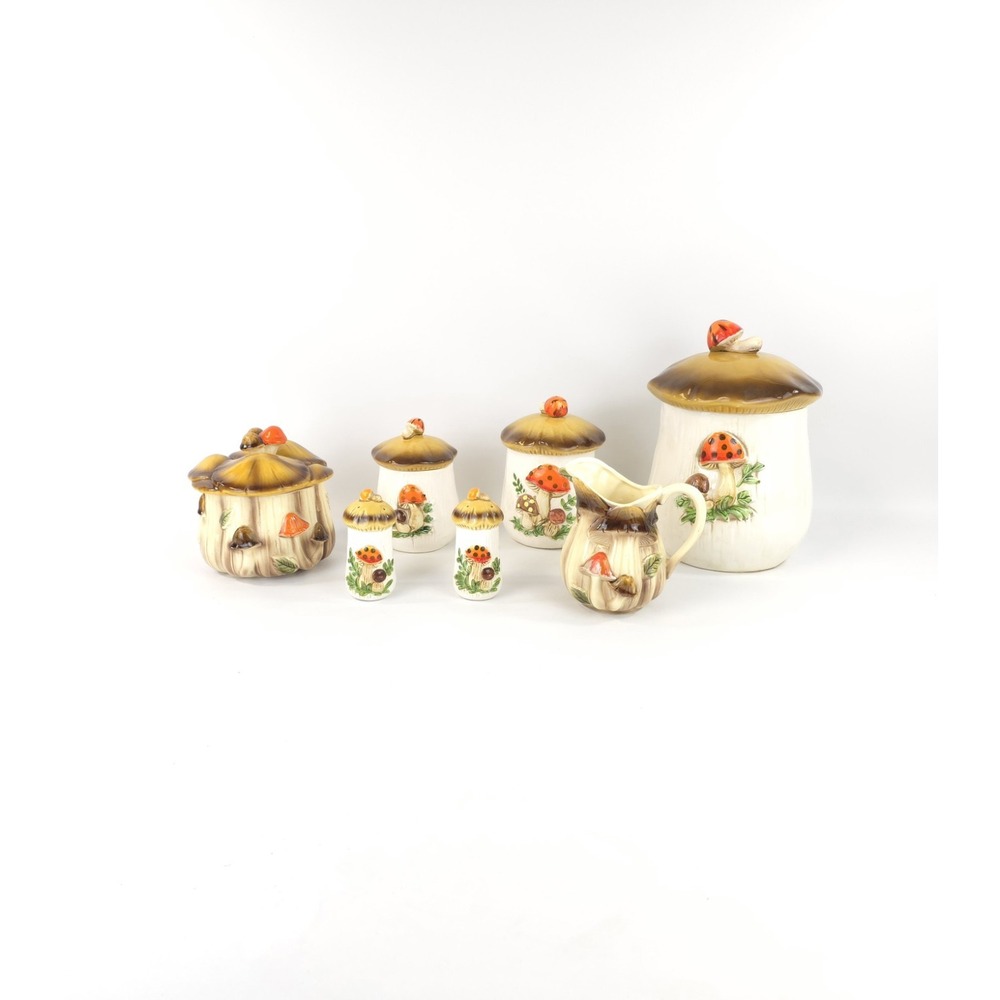 Vintage Mushroom Ceramic Kitchen Canister Set 7 Pieces / 2 different Brands